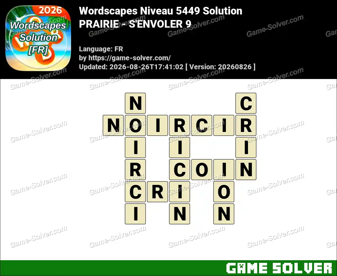 Wordscapes Français Niveau 5449 Solution — PRAIRIE – S’ENVOLER 9
